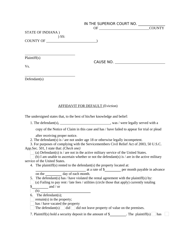 Affidavit for Default Eviction Indiana  Form