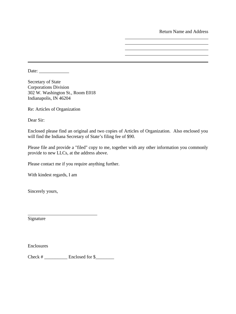 Sample Cover Letter for Filing of LLC Articles or Certificate with Secretary of State Indiana  Form