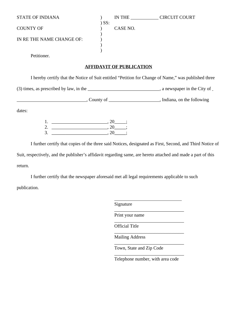 Affidavit of Publication for Name Change Indiana  Form