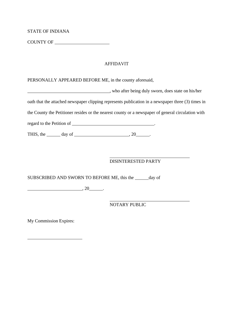 Affidavit of Publication for Name Change Indiana  Form