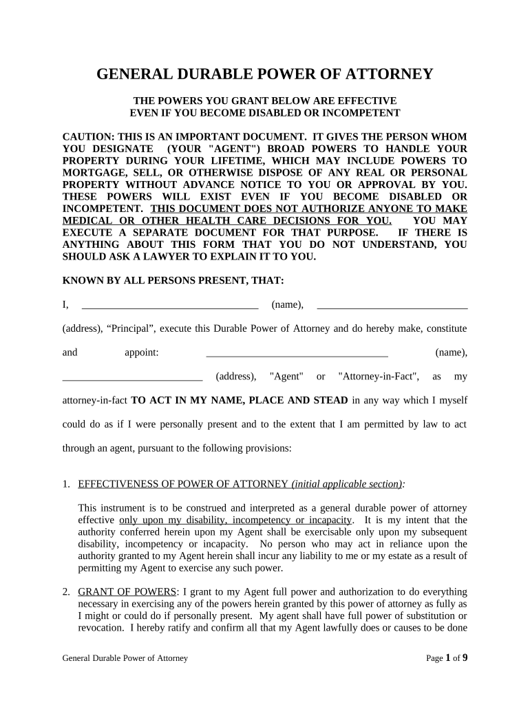 General Durable Power of Attorney for Property and Finances or Financial Effective Upon Disability Indiana  Form