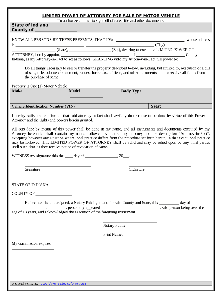 Indiana Sale Vehicle  Form