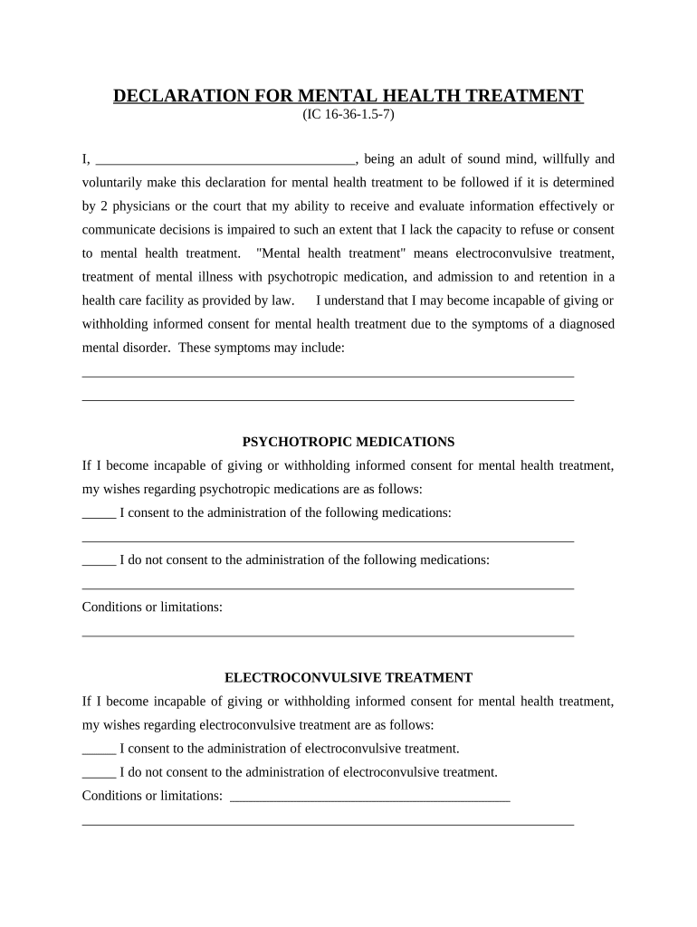 Declaration of Mental Health Care Treatment Indiana  Form