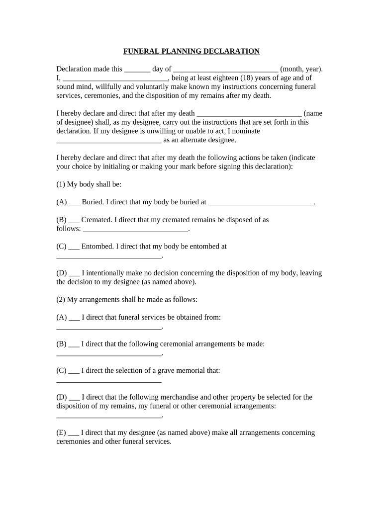 Indiana Funeral Declaration  Form