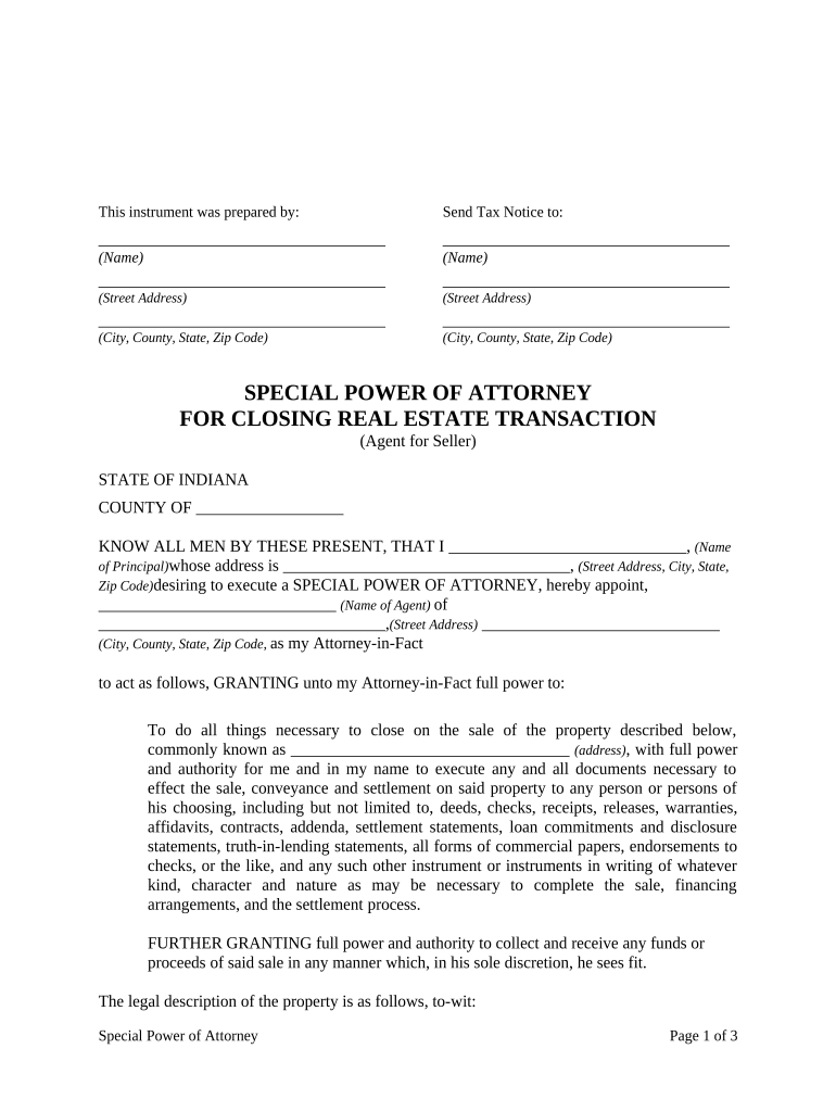 Special or Limited Power of Attorney for Real Estate Sales Transaction by Seller Indiana  Form