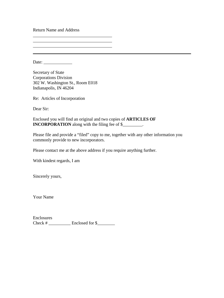 Sample Transmittal Letter for Articles of Incorporation Indiana  Form