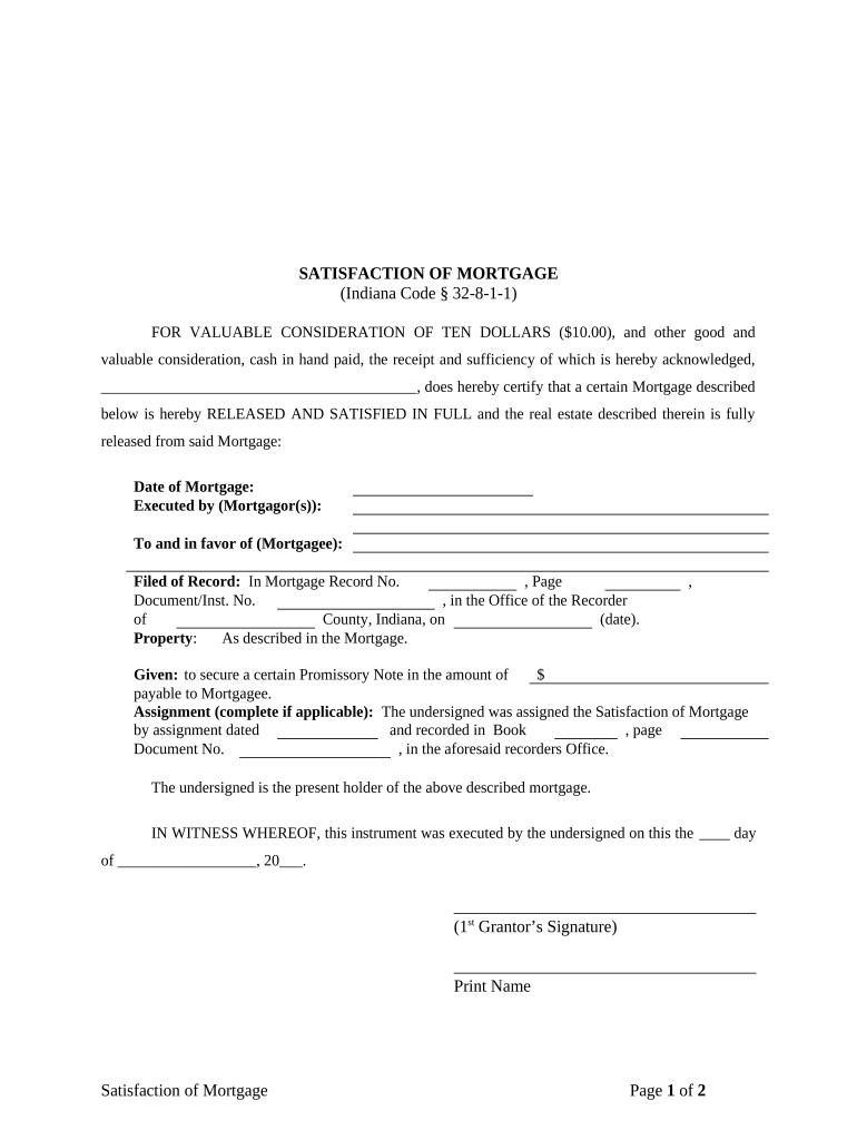 Satisfaction, Release or Cancellation of Mortgage by Individual Indiana  Form