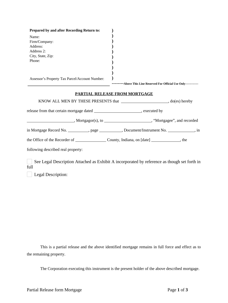 Partial Release of Property from Mortgage for Corporation Indiana  Form