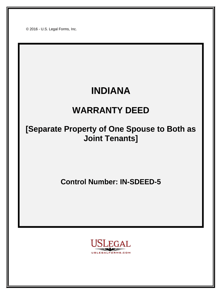 Warranty Deed to Separate Property of One Spouse to Both Spouses as Joint Tenants Indiana  Form
