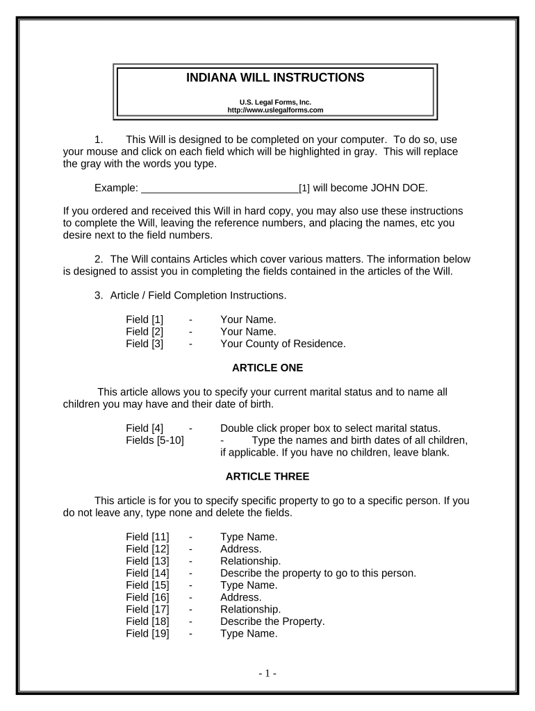 Last Will and Testament for Other Persons Indiana  Form