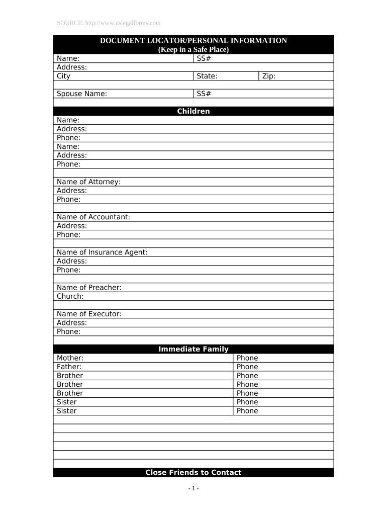 Document Locator and Personal Information Package Including Burial Information Form Indiana