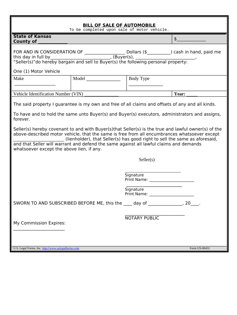 Bill of Sale of Automobile and Odometer Statement Kansas  Form