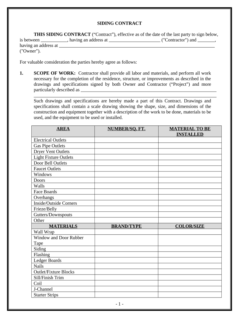 Siding Contract for Contractor Kansas Form