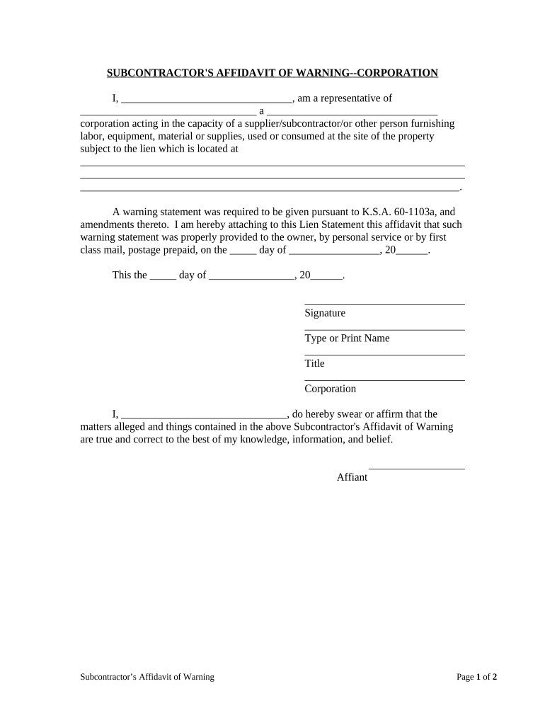 Kansas Subcontractor  Form