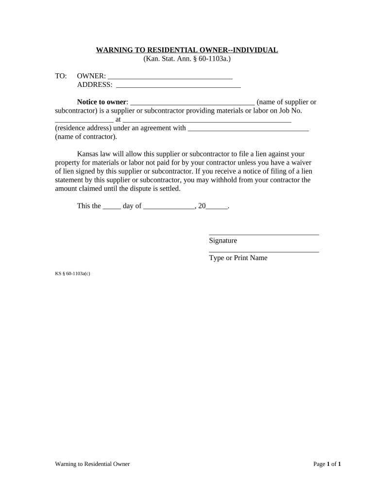 Warning to Residential Owner Individual Kansas  Form