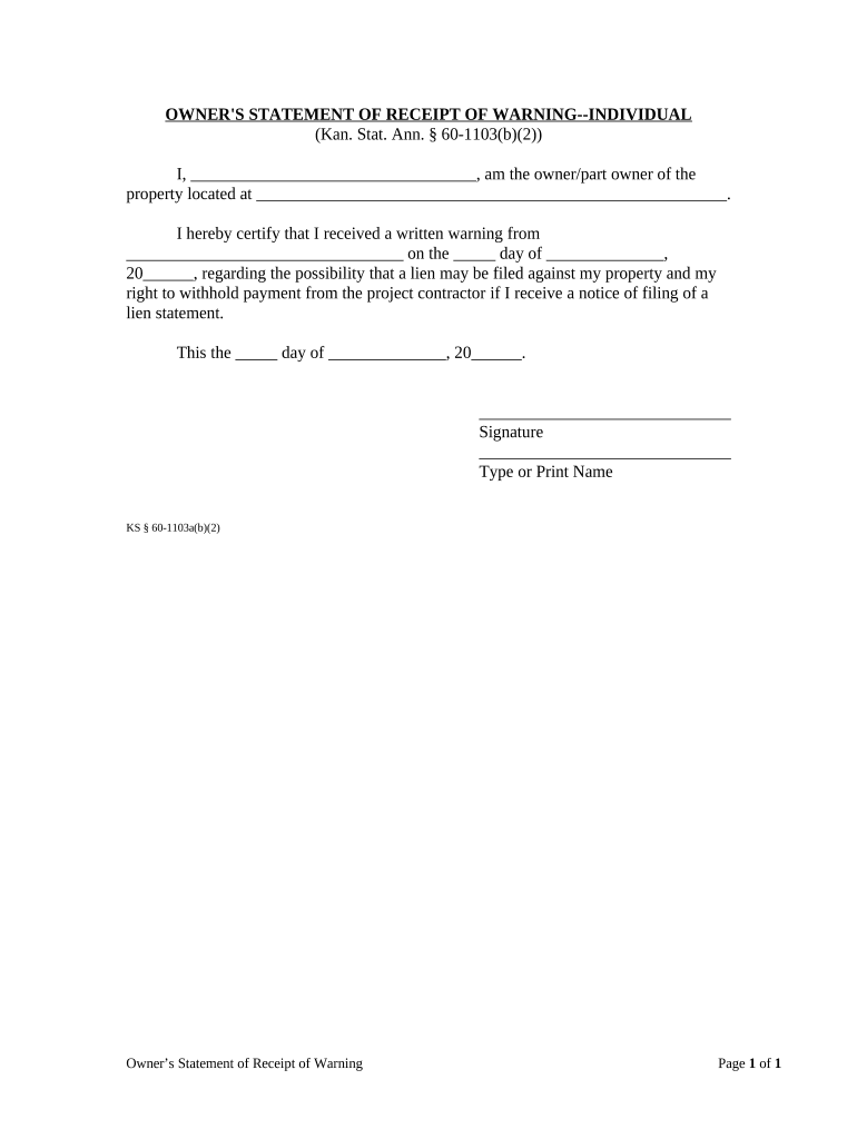 Owner's Statement of Receipt of Warning Individual Kansas  Form