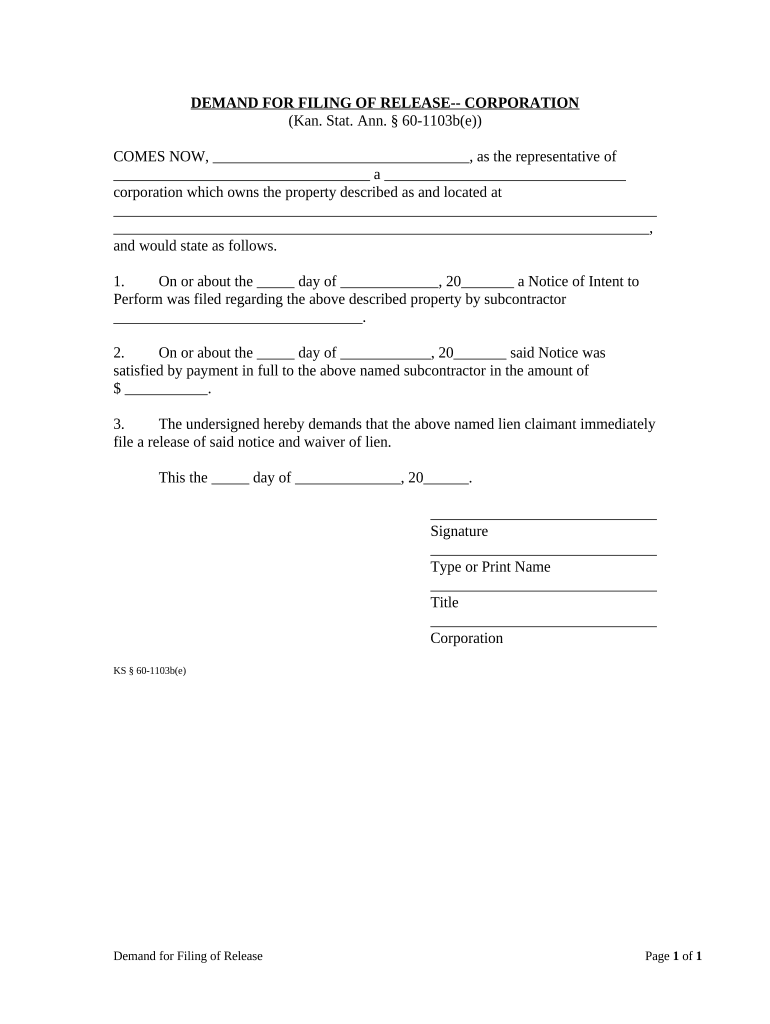 Demand for Filing and Release of Waiver by Corporation or LLC Kansas  Form