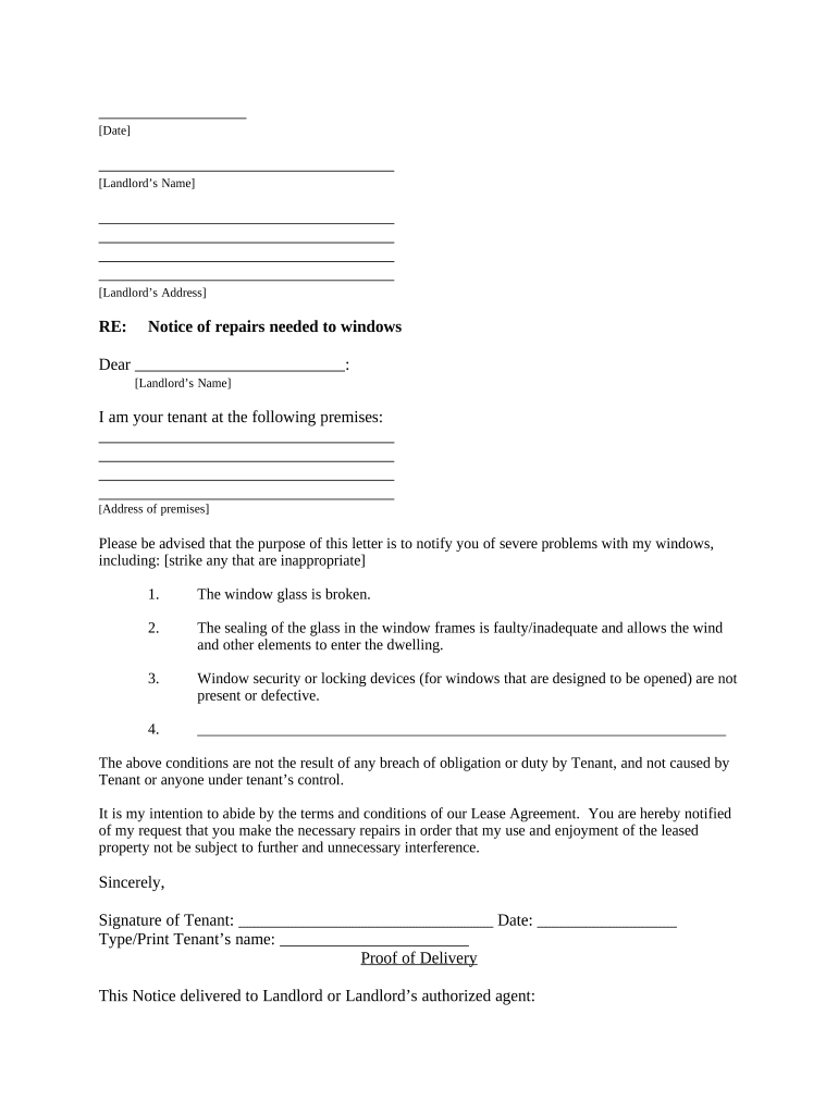 Letter from Tenant to Landlord with Demand that Landlord Repair Broken Windows Kansas  Form