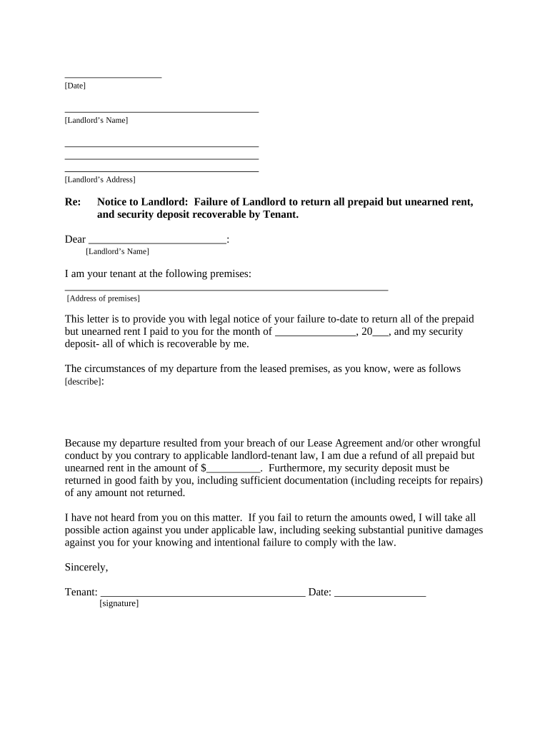 Letter from Tenant to Landlord for Failure of Landlord to Return All Prepaid and Unearned Rent and Security Recoverable by Tenan  Form