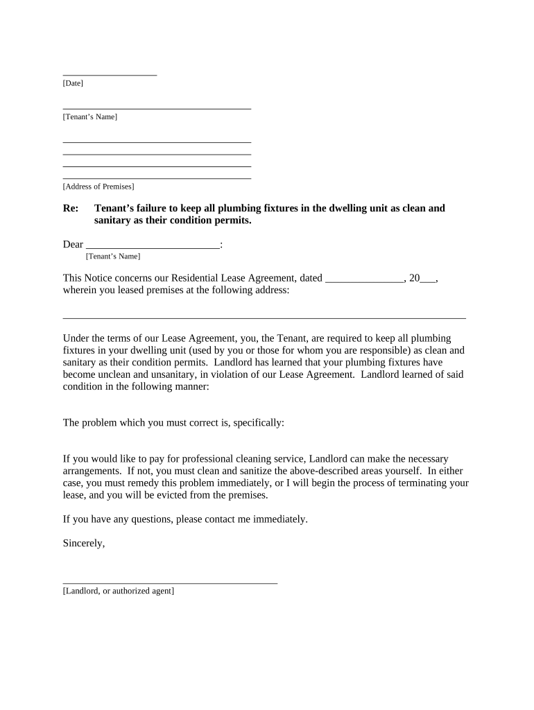 Letter from Landlord to Tenant for Failure to Keep All Plumbing Fixtures in the Dwelling Unit as Clean as Their Condition Permit  Form