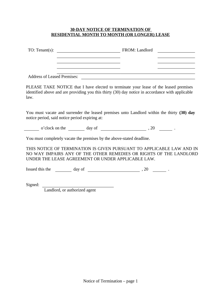 30 Day Notice to Terminate Month to Month or Longer Lease for Residential from Landlord to Tenant Kansas  Form