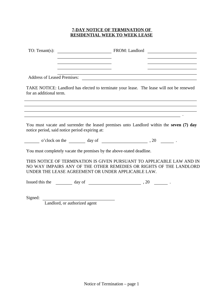 7 Day Notice to Terminate Week to Week Lease Residential from Landlord to Tenant Kansas  Form