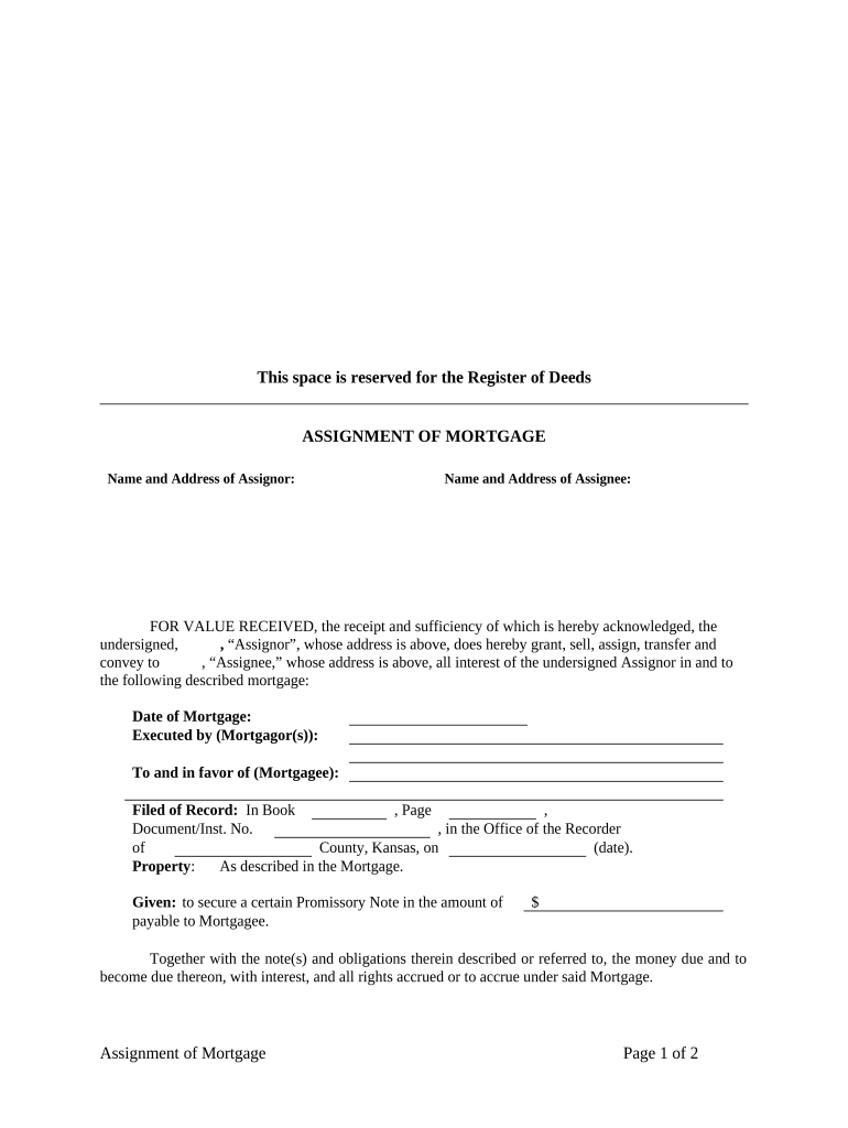 Assignment of Mortgage by Corporate Mortgage Holder Kansas  Form