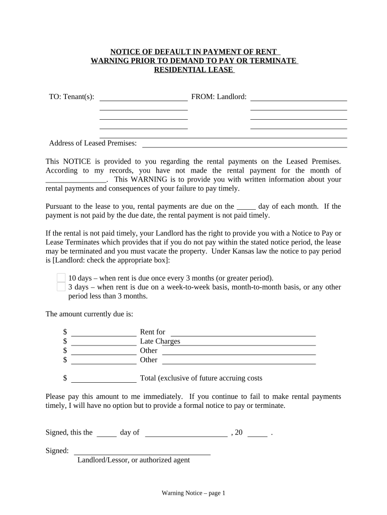 Notice of Default in Payment of Rent as Warning Prior to Demand to Pay or Terminate for Residential Property Kansas  Form