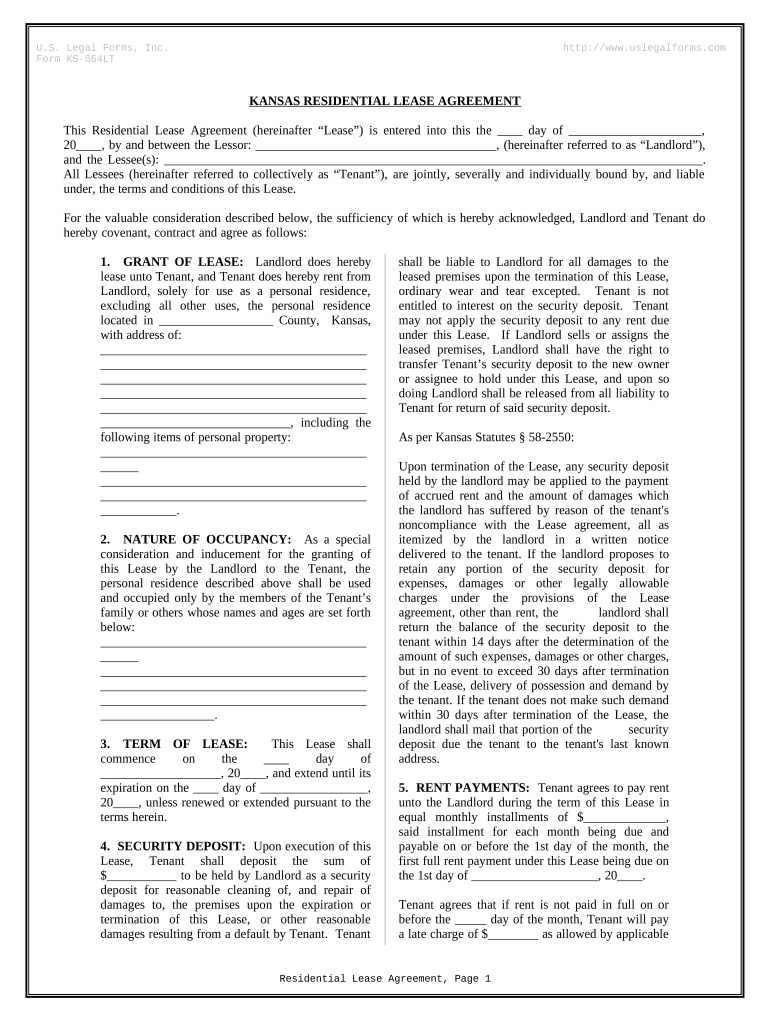 Residential Rental Lease Agreement Kansas  Form