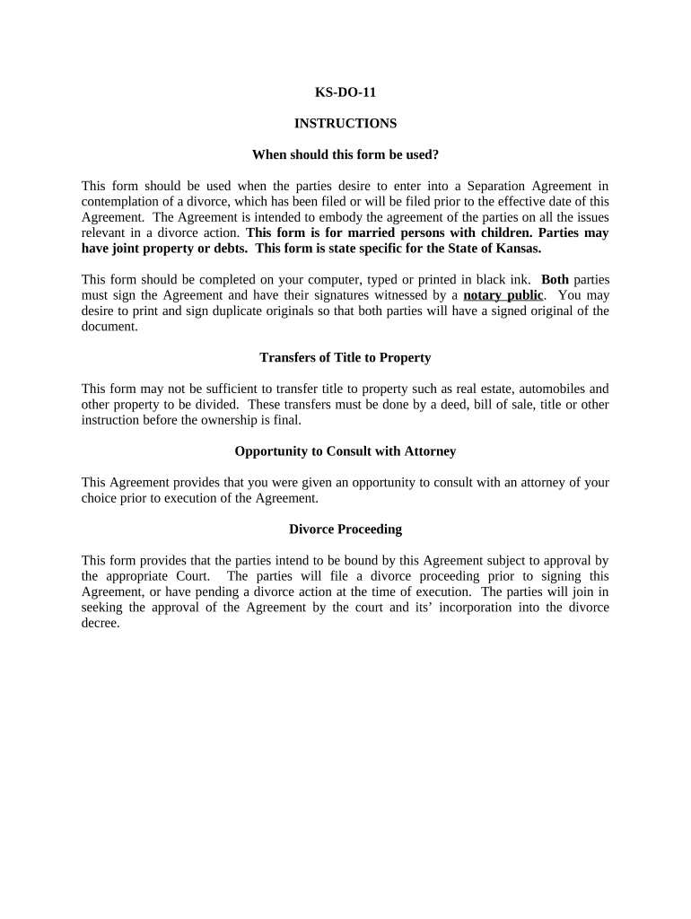 Marital Legal Separation and Property Settlement Agreement Minor Children Parties May Have Joint Property or Debts Where Divorce  Form