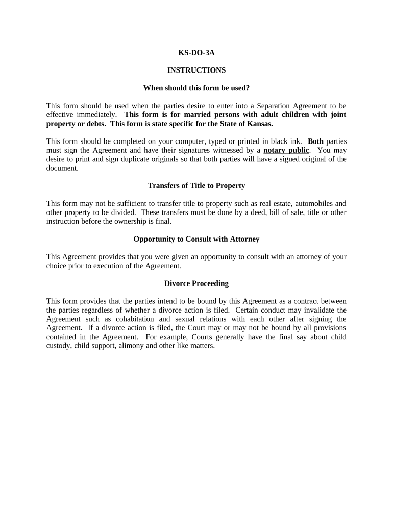 Marital Legal Separation and Property Settlement Agreement Adult Children Parties May Have Joint Property or Debts Effective Imm  Form