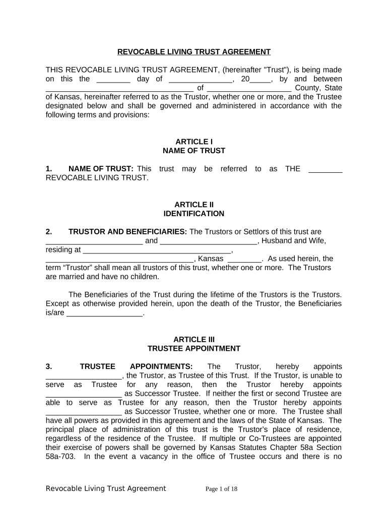 Living Trust for Husband and Wife with No Children Kansas  Form