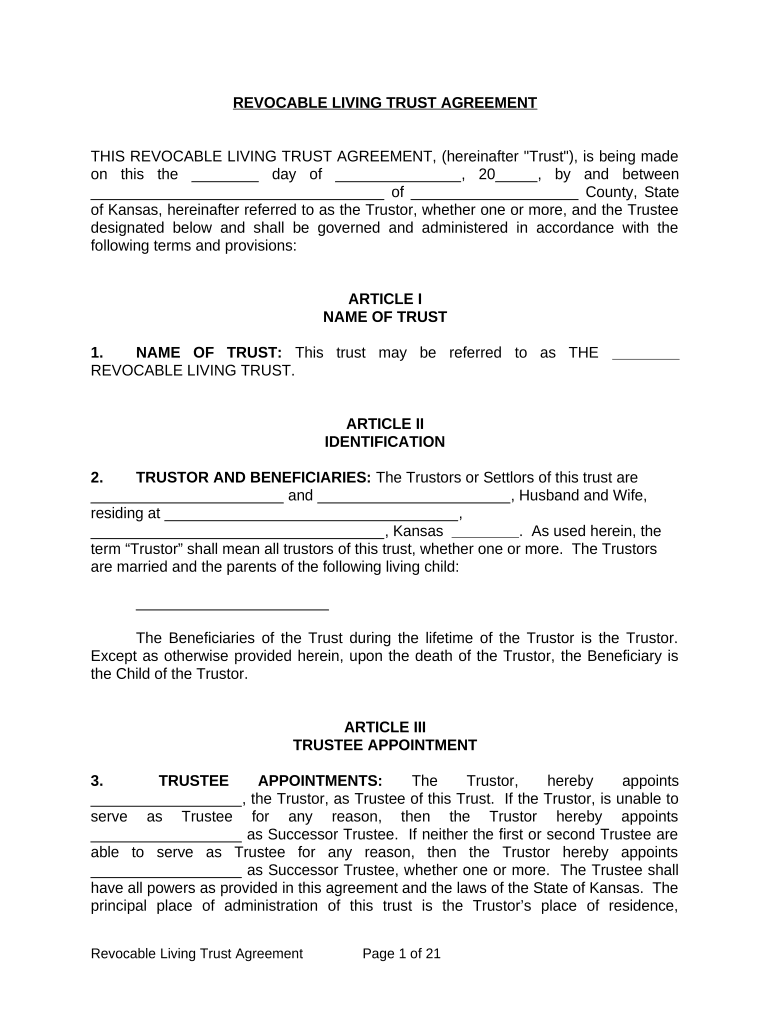 Living Trust for Husband and Wife with One Child Kansas  Form