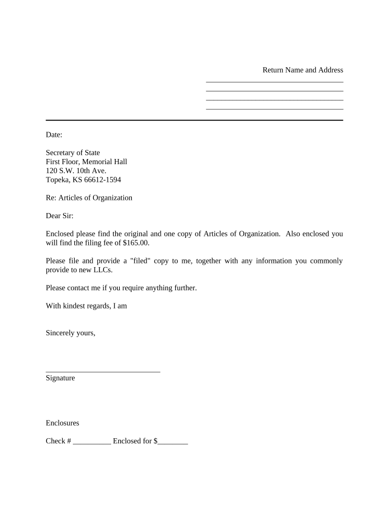 Sample Cover Letter for Filing of LLC Articles or Certificate with Secretary of State Kansas  Form