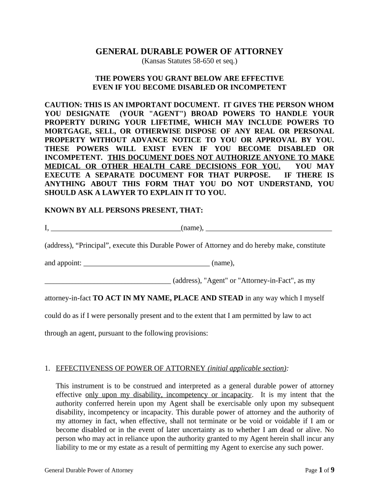 General Durable Power of Attorney for Property and Finances or Financial Effective Upon Disability Kansas  Form