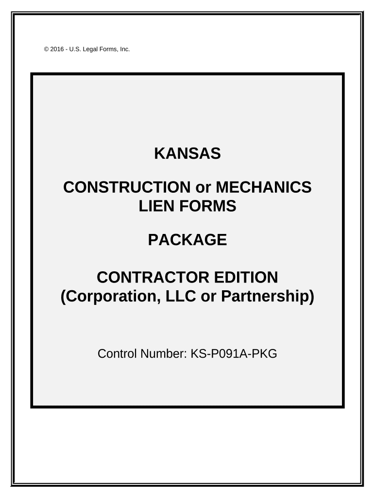 Kansas Construction or Mechanics Lien Package Corporation or LLC Kansas  Form