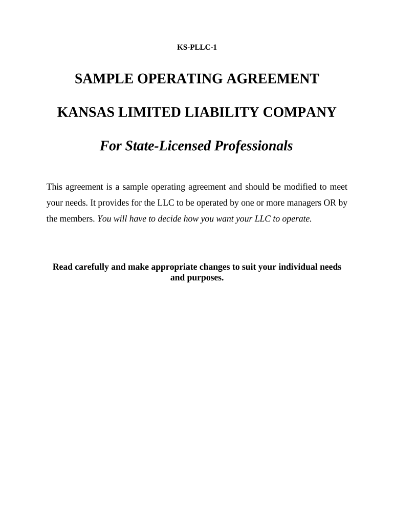Sample Operating Agreement for Professional Limited Liability Company PLLC Kansas  Form