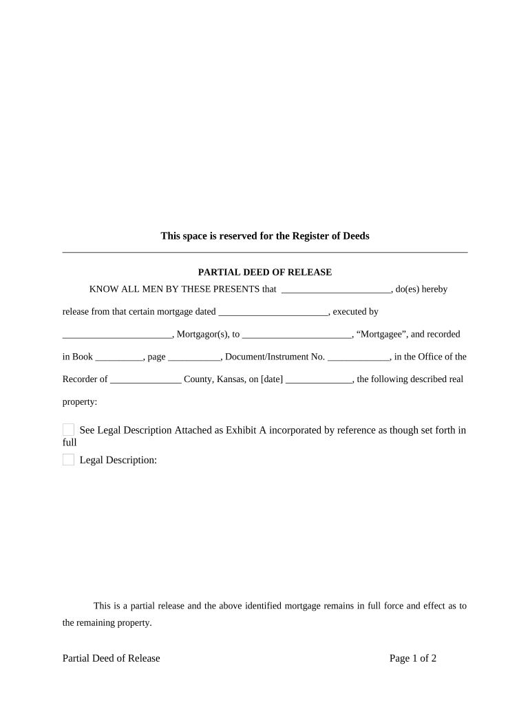 Partial Release of Property from Mortgage for Corporation Kansas  Form