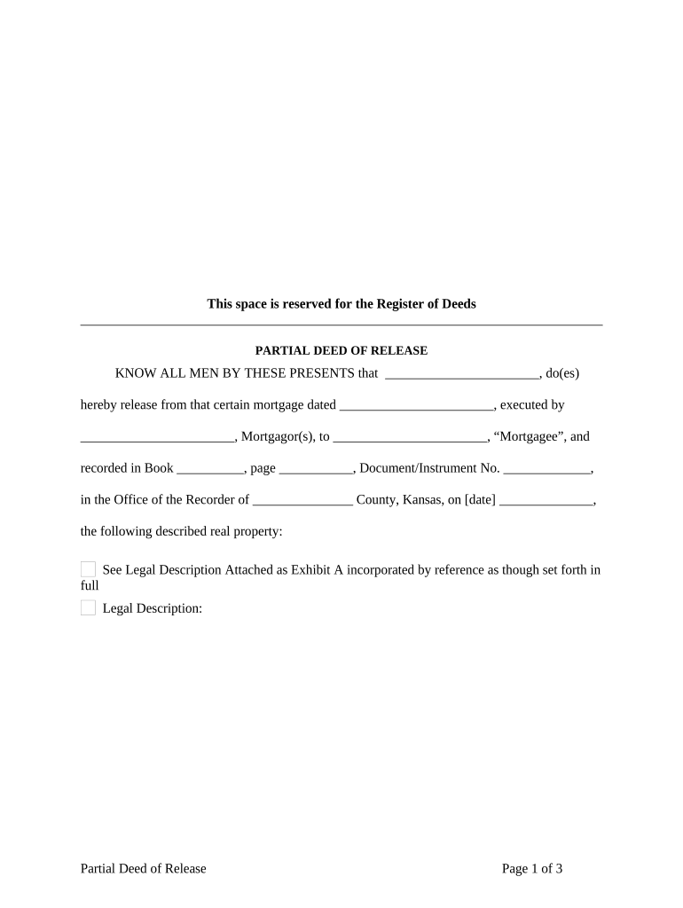 Partial Release of Property from Mortgage by Individual Holder Kansas  Form