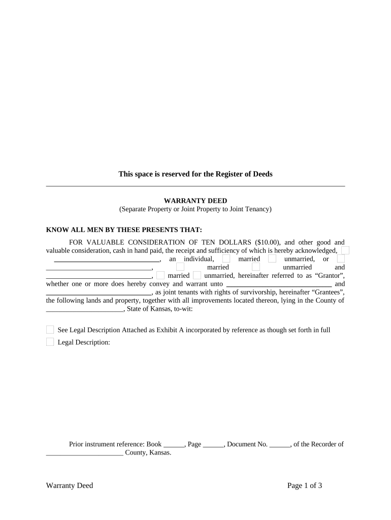 Warranty Deed for Separate or Joint Property to Joint Tenancy Kansas  Form
