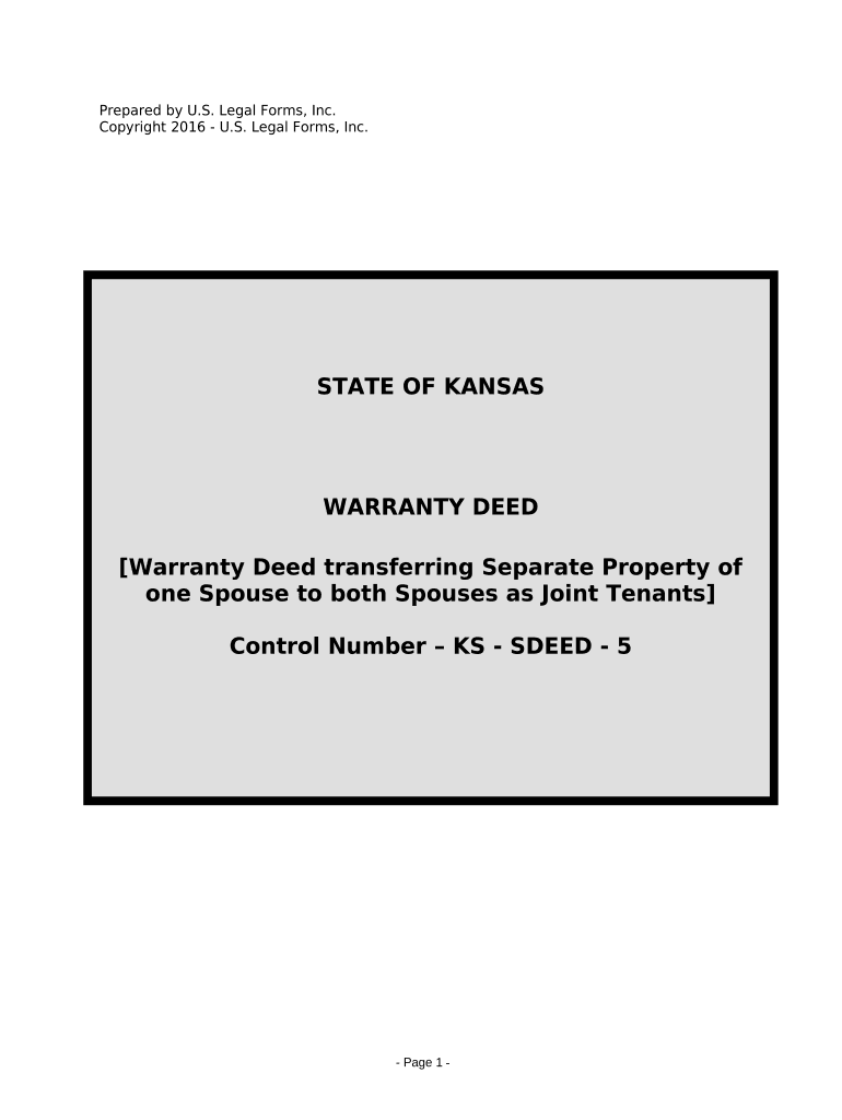 Warranty Deed to Separate Property of One Spouse to Both Spouses as Joint Tenants Kansas  Form
