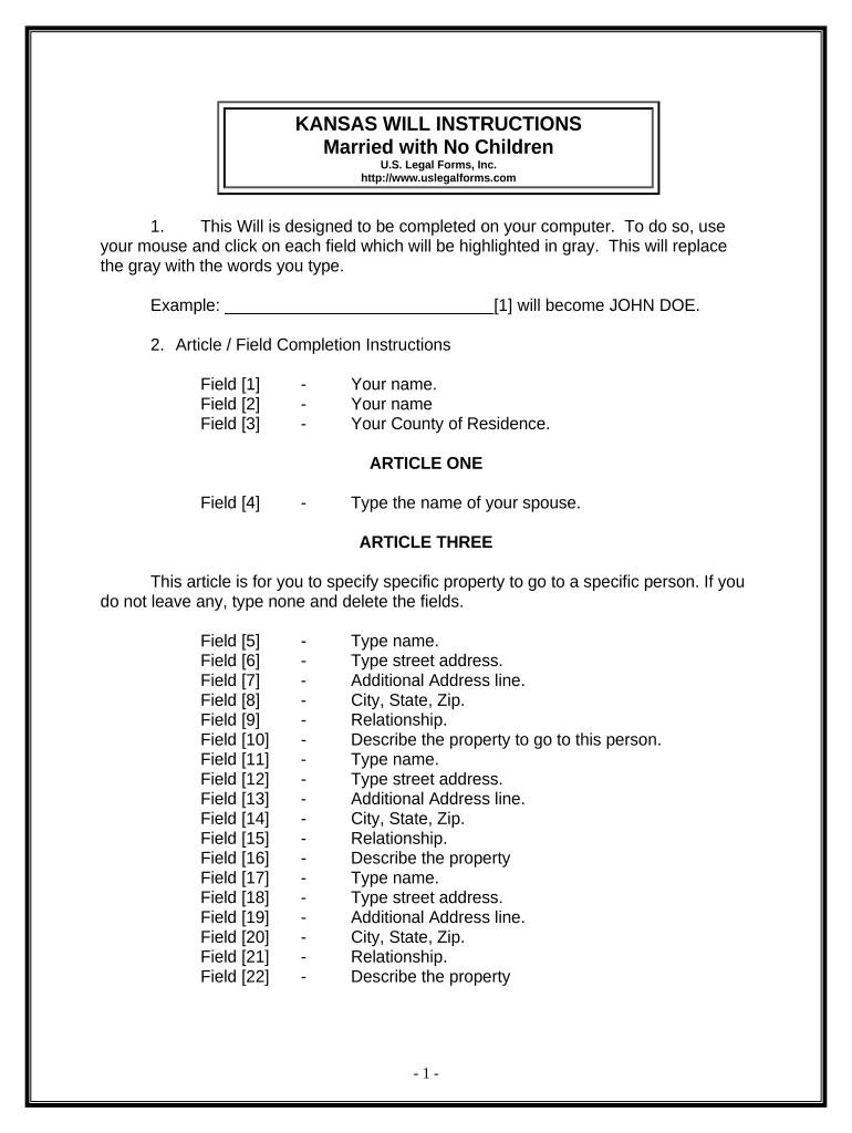 Legal Last Will and Testament Form for a Married Person with No Children Kansas