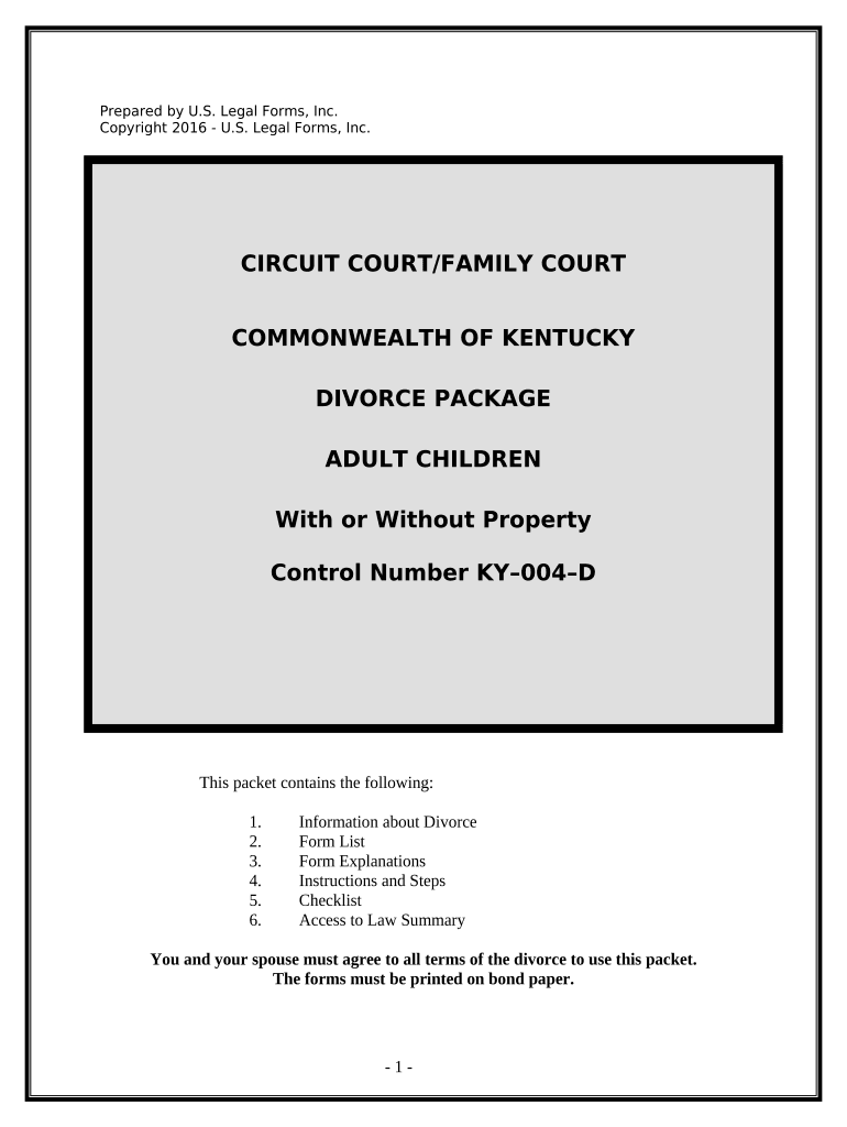 No Fault Uncontested Agreed Divorce Package for Dissolution of Marriage with Adult Children and with or Without Property and Deb  Form