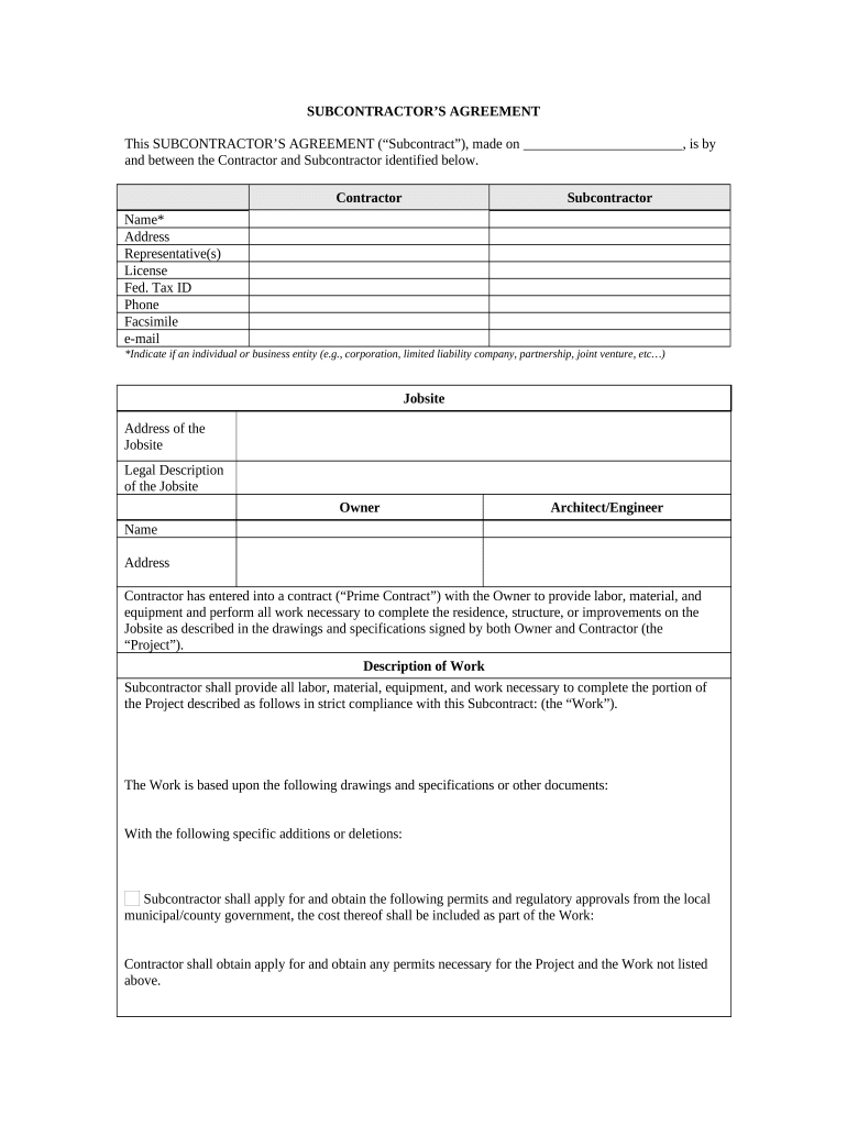 Subcontractor's Agreement Kentucky  Form