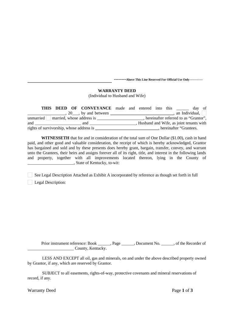 Warranty Deed from Individual to Husband and Wife Kentucky  Form