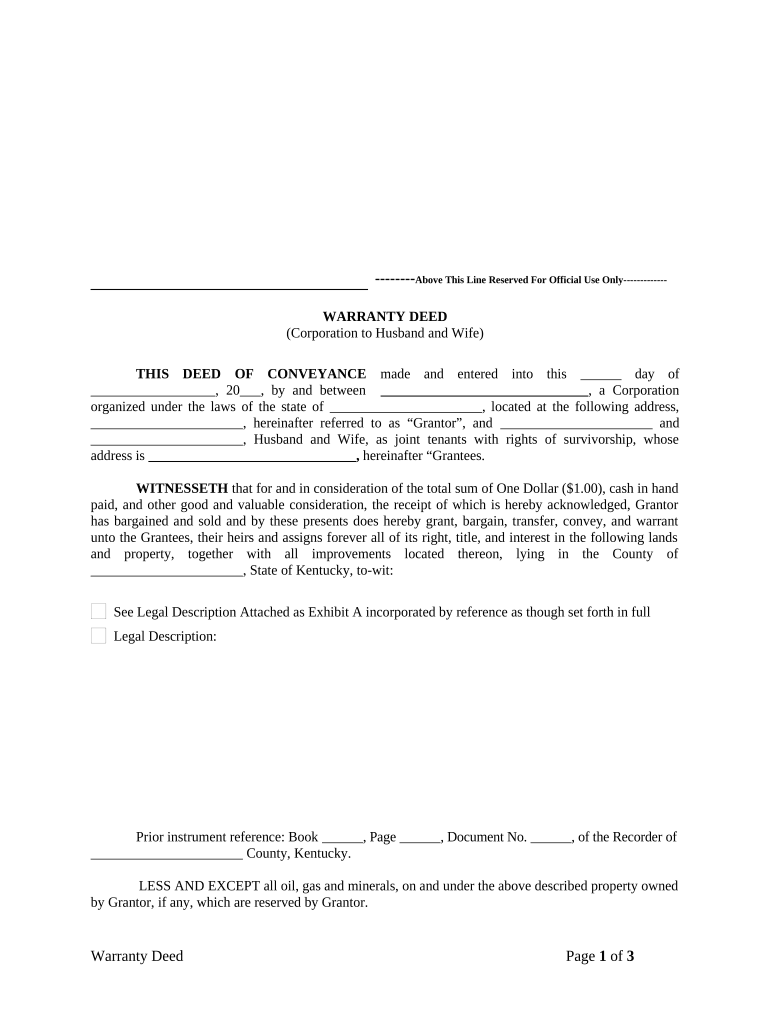 Warranty Deed from Corporation to Husband and Wife Kentucky  Form