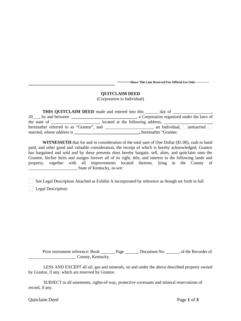 Quitclaim Deed from Corporation to Individual Kentucky  Form