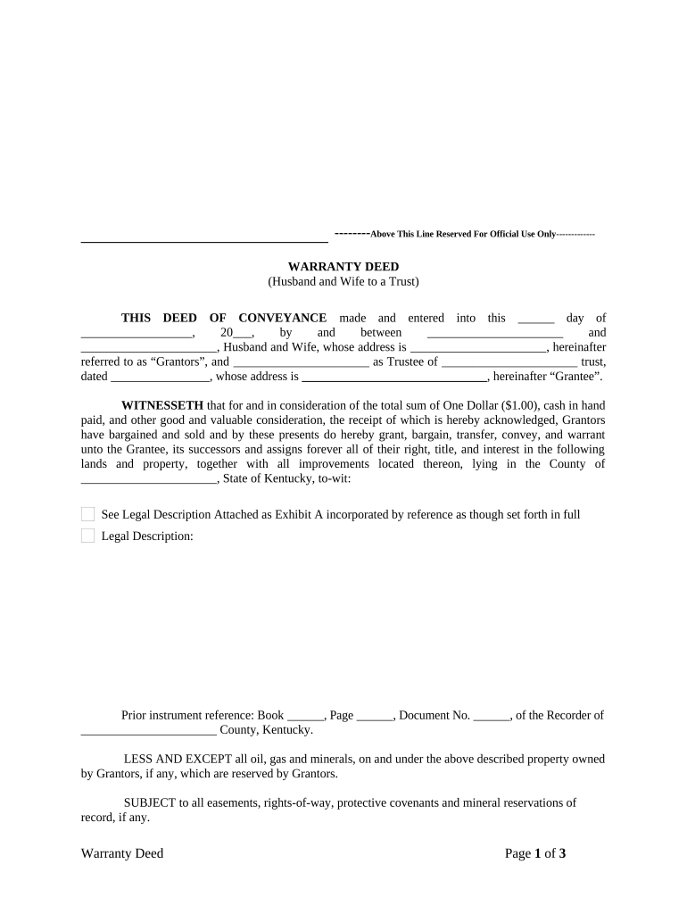 Warranty Deed from Husband and Wife to a Trust Kentucky  Form
