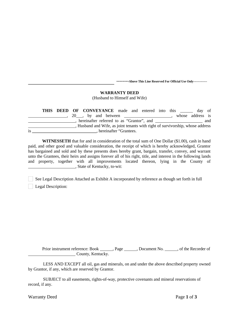 Warranty Deed from Husband to Himself and Wife Kentucky  Form