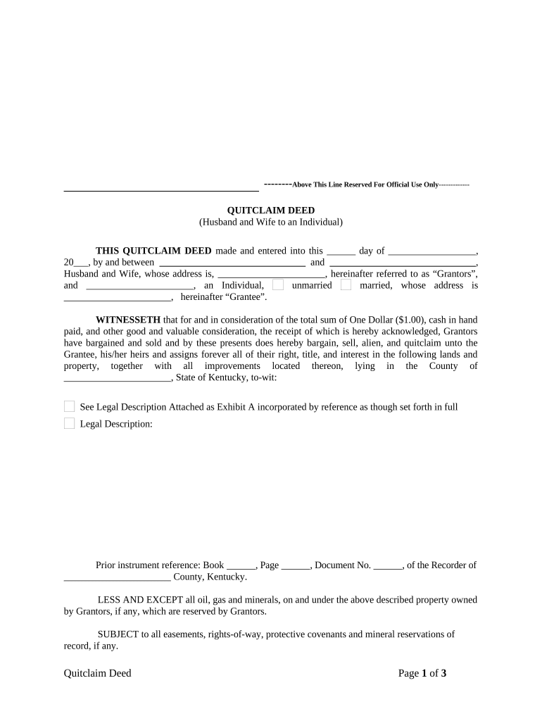 Quitclaim Deed from Husband and Wife to an Individual Kentucky  Form